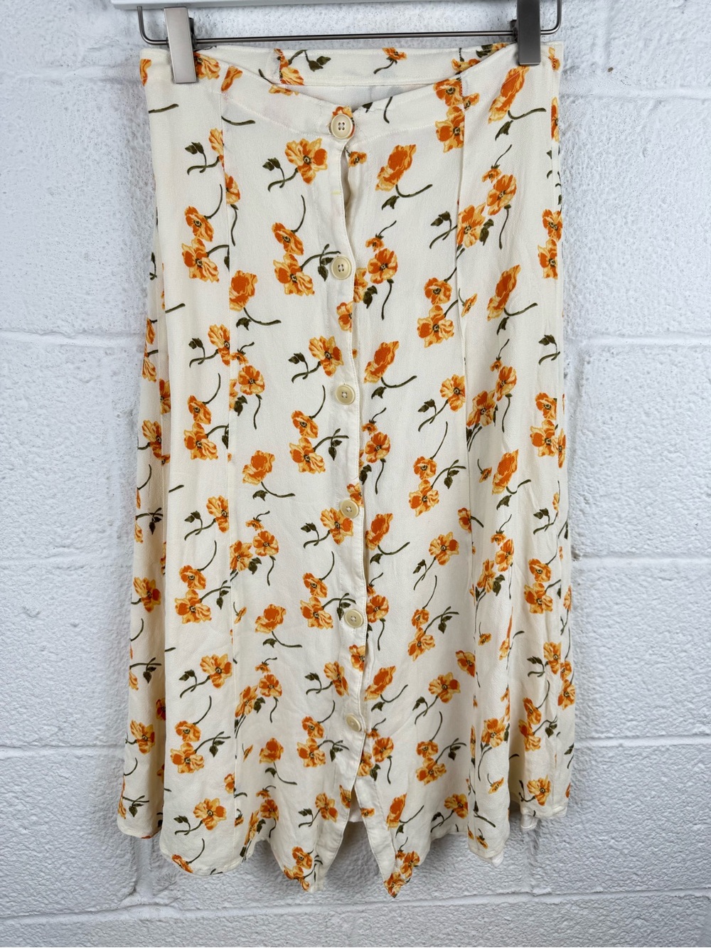 Reformation Floral Button Front Midi Skirt Orange Cream Size 2